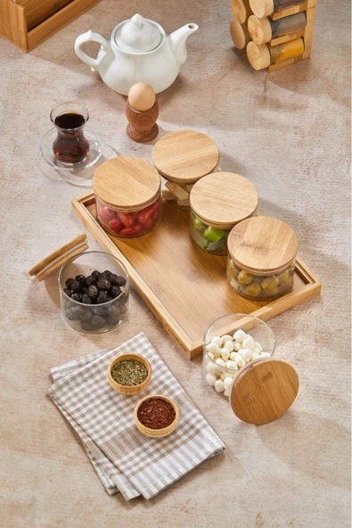 Cooker Borosilikat Camlı 6’lı Yuvarlak Bambu Kapaklı, Tepsili Kahvaltı Takımı - Şık ve Düzenli Sunum - 3