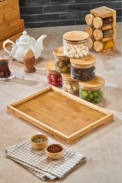 Cooker Borosilikat Camlı 6’lı Yuvarlak Bambu Kapaklı, Tepsili Kahvaltı Takımı - Şık ve Düzenli Sunum - 4