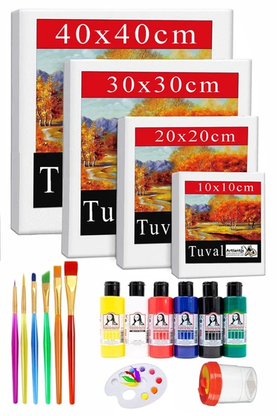 Kare Tuval 4 Adet 10x10 20x20 30x30 40x40 cm Boş Tuval Tablo 6 lı Akrilik Boya Fırça Palet Resim Tuvali Akrilik Yağlı