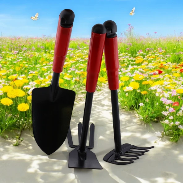 Hobi Çapa Tırmık 3'lü Set Metal Bahçe Tarla Çim Peyzaj Bitki Çiçek Ekme Toprak İşleme Küreği Küçük - Resim 3