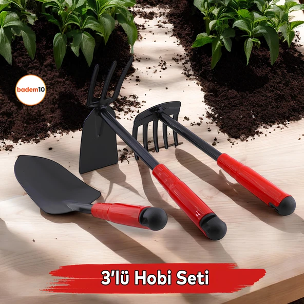 Hobi Çapa Tırmık 3'lü Set Metal Bahçe Tarla Çim Peyzaj Bitki Çiçek Ekme Toprak İşleme Küreği Küçük