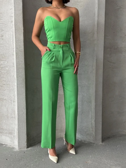 Palazzo pantolonlu alt üst takım yeşil ürün görseli 1