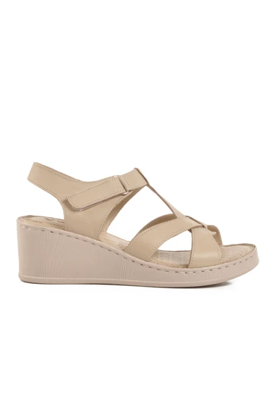 Voyager Bej Hakiki Deri Kadın Dolgu Topuk Sandalet 9200 Z