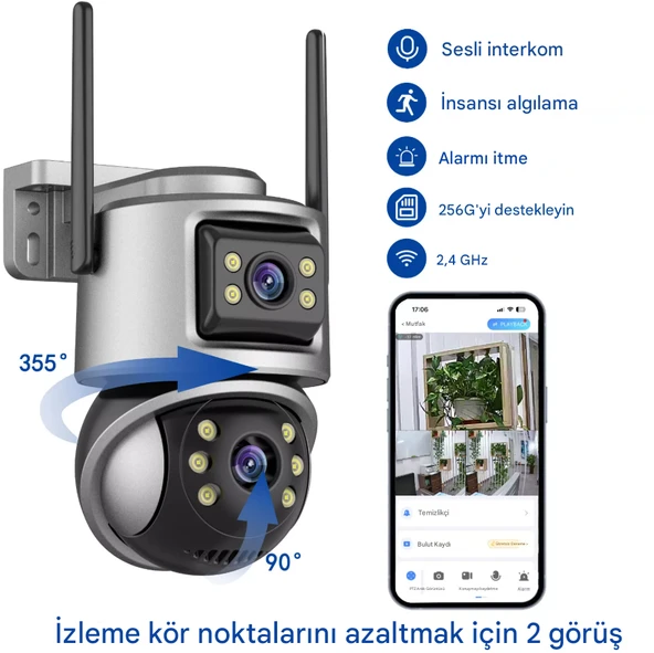IP WIFI Kablosuz Kamera Dış Mekan CCTV PTZ Akıllı Ev Güvenlik IR Kamera Çift Lens HD - 2