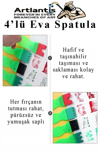 Eva Spatula 4 lü 1 Paket Plastik Doku Tarağı Fırçası Okul Öncesi Boya Sünger Fırça Seti Çocuklar İçin Plastik Saplı - 3