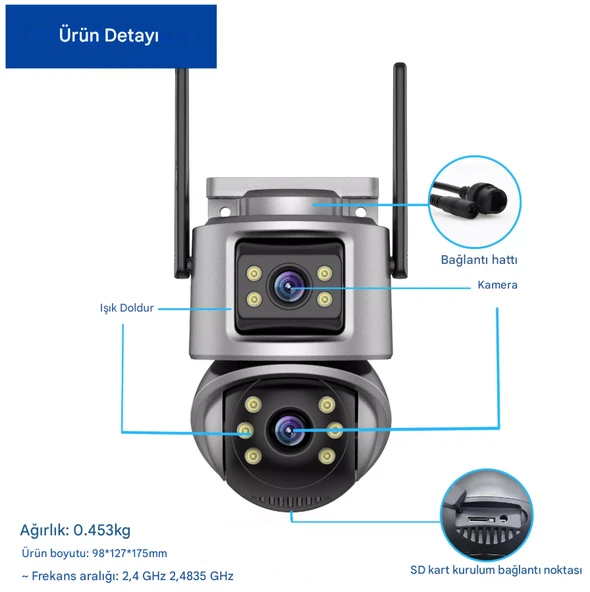 IP WIFI Kablosuz Kamera Dış Mekan CCTV PTZ Akıllı Ev Güvenlik IR Kamera Çift Lens HD - 3