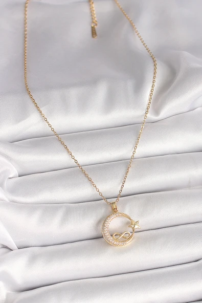 316L Çelik Gold Renk Zincir Zirkon Taşlı Ay Yıldız Model Sonsuzluk Detay Kadın Kolye - TJ-BKO10000 - 2