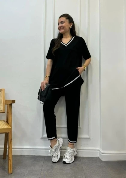 Kadın Kısa Kollu V Yakalı Iki Iplik Bluz Ve Pantolon Ikili Takım - Resim 10