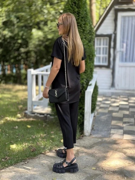 Kadın Kısa Kollu V Yakalı Iki Iplik Bluz Ve Pantolon Ikili Takım - Resim 5