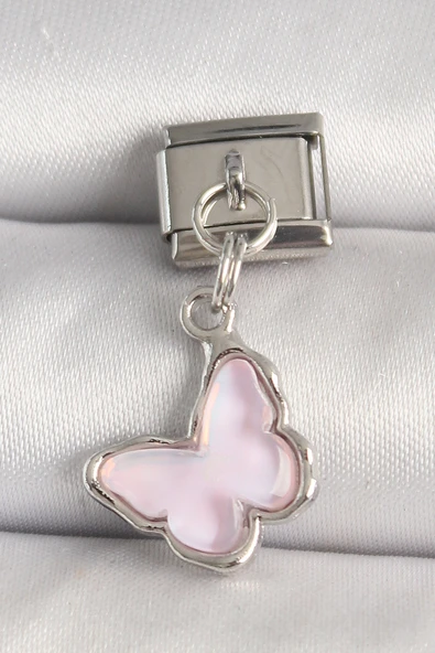 316L Çelik Gümüş Renk Pembe Kelebek Model Nomination Charm - TJ-BC1321