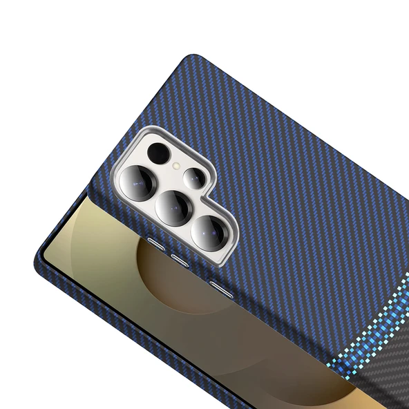 Samsung Galaxy S25 Ultra Kılıf Kablosuz Şarj Özellikli Karbon Fiber Görünümlü Gros Kapak - Resim 9