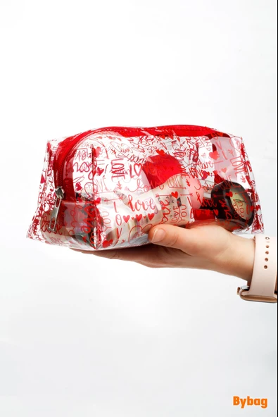 Love Aşk Sevgi Desenli Renkli Şeffaf PVC Makyaj Seyahat Kozmetik Ecza Bebek Deniz Çantası - 4