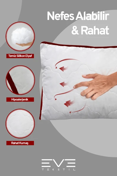 2 Adet Bordo Serisi Kılıflı Fermuarlı Klimali Antialerjik Silikon Nano Elyaf Yastık 50x70cm - 4