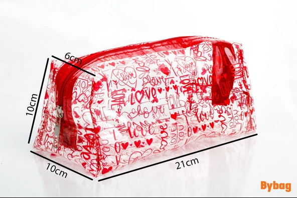 Love Aşk Sevgi Desenli Renkli Şeffaf PVC Makyaj Seyahat Kozmetik Ecza Bebek Deniz Çantası - 5