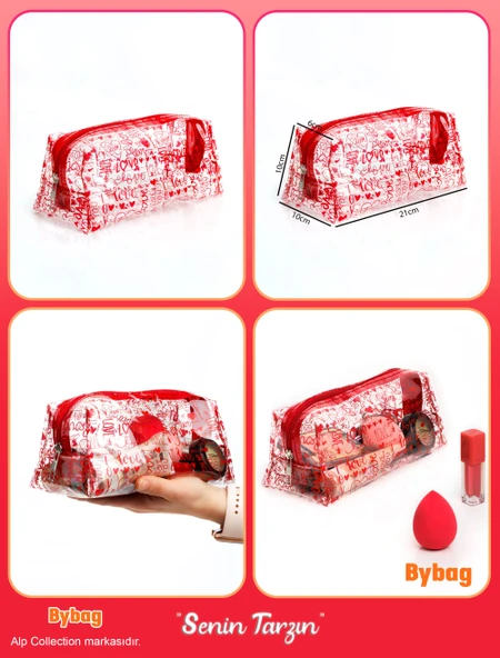Love Aşk Sevgi Desenli Renkli Şeffaf PVC Makyaj Seyahat Kozmetik Ecza Bebek Deniz Çantası