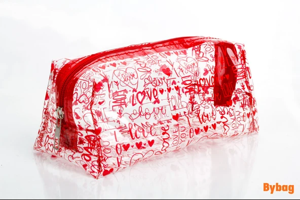 Love Aşk Sevgi Desenli Renkli Şeffaf PVC Makyaj Seyahat Kozmetik Ecza Bebek Deniz Çantası - 2