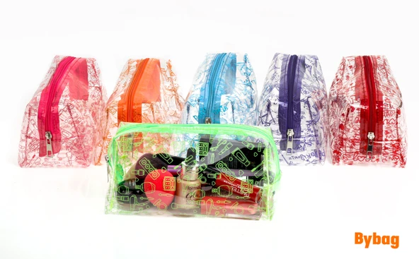 Love Aşk Sevgi Desenli Renkli Şeffaf PVC Makyaj Seyahat Kozmetik Ecza Bebek Deniz Çantası - 6