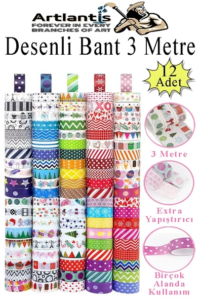 Renkli Desenli Bant 12 Adet 18mm x 3 Metre Dekoratif Desenli Bant Farklı Renklerde Gönderim Yapılmaktadır Desenli