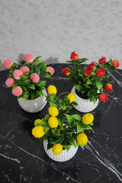 Anneler Günü Modern Beton Saksıda 3'lü Set Nar Şeftali Limon Saksıda Yapay Meyve Ağacı - 3
