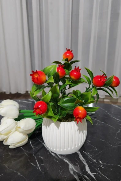 Anneler Günü Modern Beton Saksıda 3'lü Set Nar Şeftali Limon Saksıda Yapay Meyve Ağacı - 5
