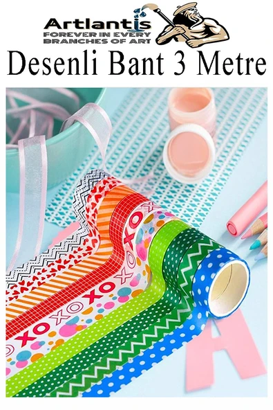 Renkli Desenli Bant 12 Adet 18mm x 3 Metre Dekoratif Desenli Bant Farklı Renklerde Gönderim Yapılmaktadır Desenli - 2