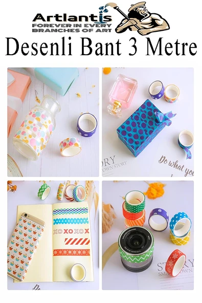 Renkli Desenli Bant 3 Adet 18mm x 3 Metre Dekoratif Desenli Bant Farklı Renklerde Gönderim Yapılmaktadır Desenli - 3