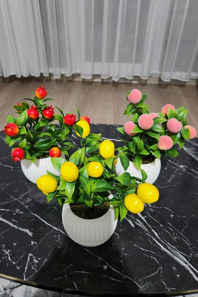 Anneler Günü Modern Beton Saksıda 3'lü Set Nar Şeftali Limon Saksıda Yapay Meyve Ağacı