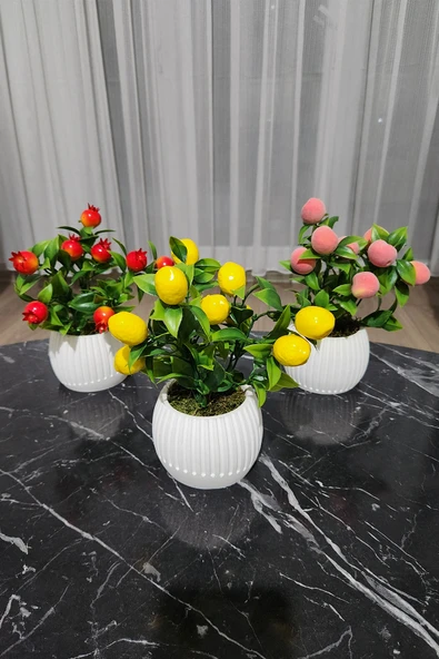 Anneler Günü Modern Beton Saksıda 3'lü Set Nar Şeftali Limon Saksıda Yapay Meyve Ağacı - 8