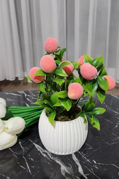 Anneler Günü Modern Beton Saksıda 3'lü Set Nar Şeftali Limon Saksıda Yapay Meyve Ağacı - 6