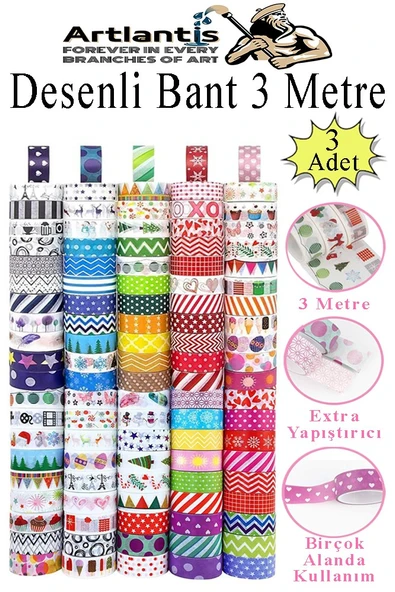 Renkli Desenli Bant 3 Adet 18mm x 3 Metre Dekoratif Desenli Bant Farklı Renklerde Gönderim Yapılmaktadır Desenli