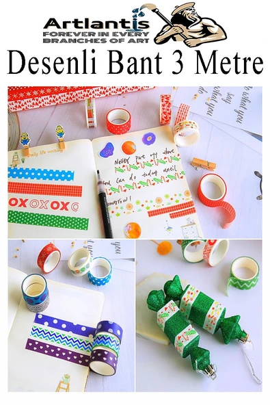 Renkli Desenli Bant 6 Adet 18mm x 3 Metre Dekoratif Desenli Bant Farklı Renklerde Gönderim Yapılmaktadır Desenli - 4