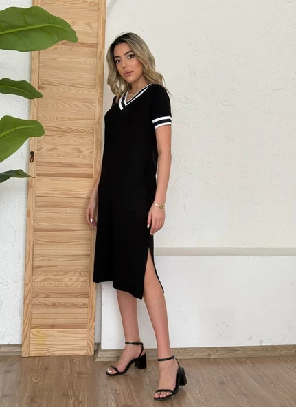 Lucky Life Kadın Kısa Kollu V Yaka Kol Ve Yaka Ribana Detay Midi Boy Viskon Elbise ürün görseli 1