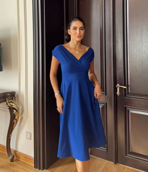 Lucky Life Kadın Kısa Kollu Kruvaze Yaka Eteği Volanlı Krep Elbise - Resim 2