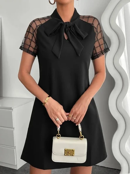 Lucky Life Kadın Kısa Kollu Boyundan Bağlamalı Omuzlarda Tül Detaylı Janjan Krep Elbise - Resim 3