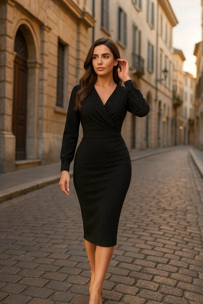 Lucky Life Kadın Uzun Kollu Kruvaze Yaka Lucky Life Kadın Büzgü Ve Lucky Life Kadın Balon Kol Detay Krep Kumaş Maxi Boy Elbise ürün görseli 1