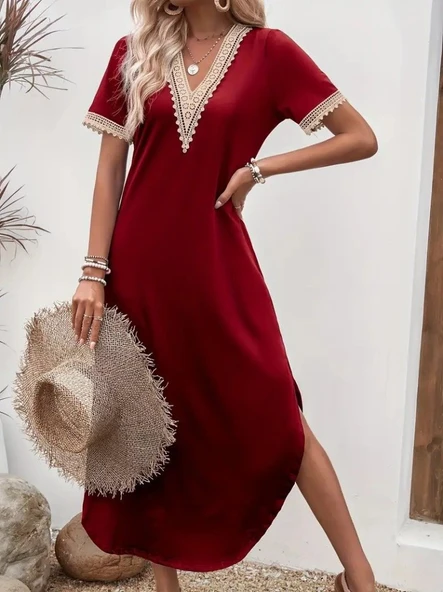 Lucky Life Kadın Kısa Kollu Dantel V Yakalı Uzun Viskon Elbise - Resim 2