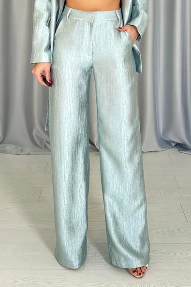 Mint Lucky Life Kadın Beli Kuşaklı Ceket Ve Pantolon Parlak Takım - Resim 4