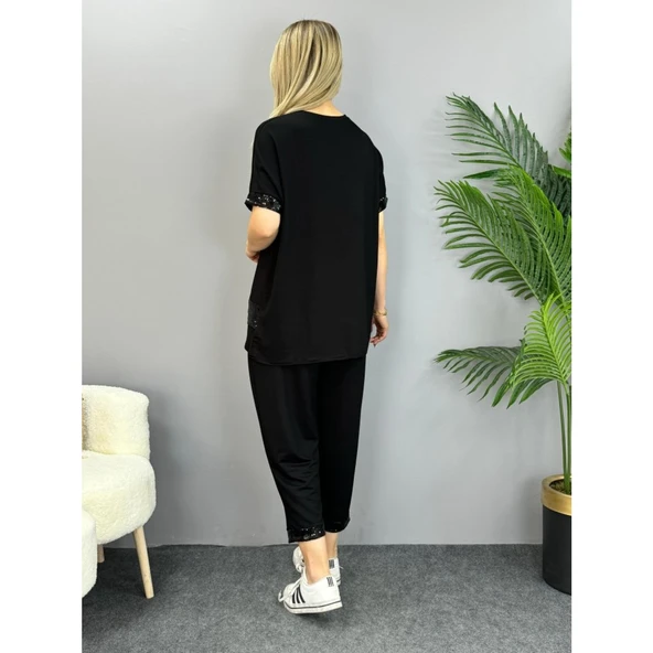 Lucky Life Kadın Kısa Kollu V Yakalı Pul Payetli Viskon Iki Iplik Bluz Ve Pantolon Ikili Takım - 6