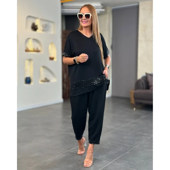 Lucky Life Kadın Kısa Kollu V Yakalı Pul Payetli Viskon Iki Iplik Bluz Ve Pantolon Ikili Takım - 3