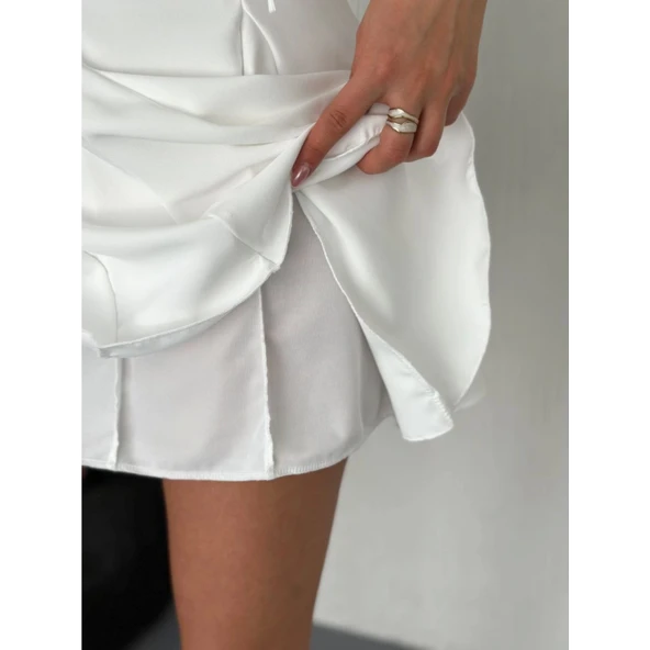 Göğüs Bağlamalı Kolsuz Mini Boy Elbise - Beyaz - 3