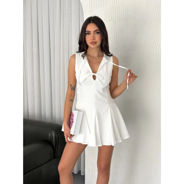 Göğüs Bağlamalı Kolsuz Mini Boy Elbise - Beyaz - 4
