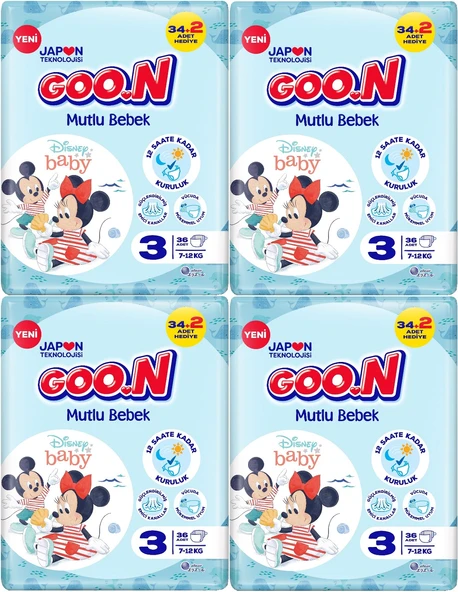 Goon Mutlu Bebek Bebek Bezi Beden:3 (7-12Kg) Midi 144 Adet Jumbo Aylık Pk ürün görseli