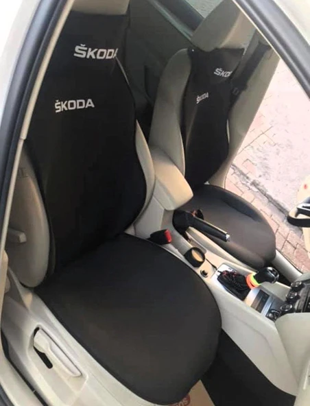 SKODA Nakışlı Ön İkili Oto Koltuk Minderi 2 Adet Boyun Yastığı 2 Adet Kemer Pedi SİYAH - Resim 3