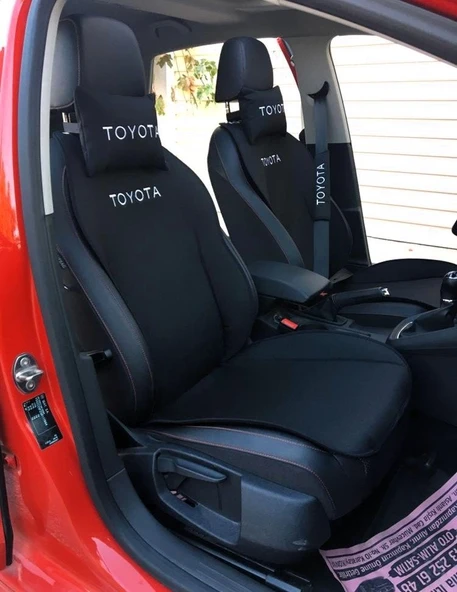 TOYOTA Nakışlı Ön İkili Oto Koltuk Minderi 2 Adet Boyun Yastığı 2 Adet Kemer Pedi SİYAH