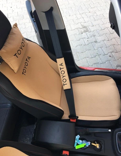 TOYOTA Nakışlı Ön İkili Oto Koltuk Minderi 2 Adet Boyun Yastığı 2 Adet Kemer Pedi KREM - Resim 2
