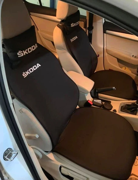 SKODA Nakışlı Ön İkili Oto Koltuk Minderi 2 Adet Boyun Yastığı 2 Adet Kemer Pedi SİYAH - Resim 2