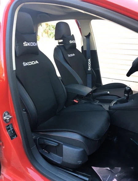 SKODA Nakışlı Ön İkili Oto Koltuk Minderi 2 Adet Boyun Yastığı 2 Adet Kemer Pedi SİYAH - Resim 4