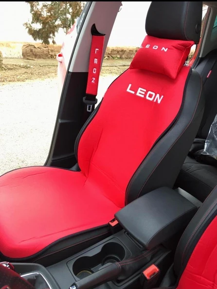 SEAT LEON Nakışlı Ön İkili Oto Koltuk Minderi 2 Adet Boyun Yastığı 2 Adet Kemer Pedi KIRMIZI ürün görseli