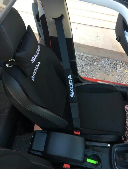 SKODA Nakışlı Ön İkili Oto Koltuk Minderi 2 Adet Boyun Yastığı 2 Adet Kemer Pedi SİYAH - Resim 5