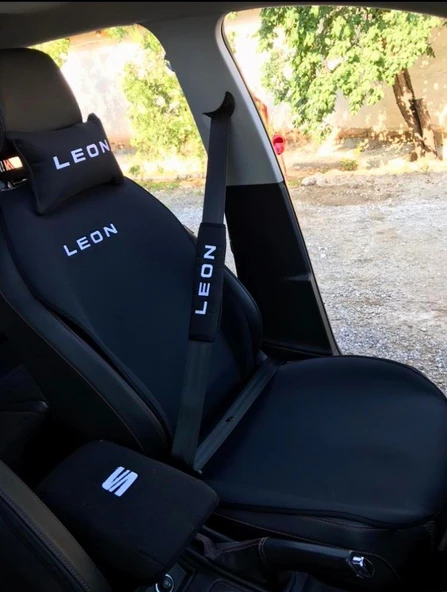 SEAT LEON Nakışlı Ön İkili Oto Koltuk Minderi 2 Adet Boyun Yastığı 2 Adet Kemer Pedi SİYAH - Resim 2